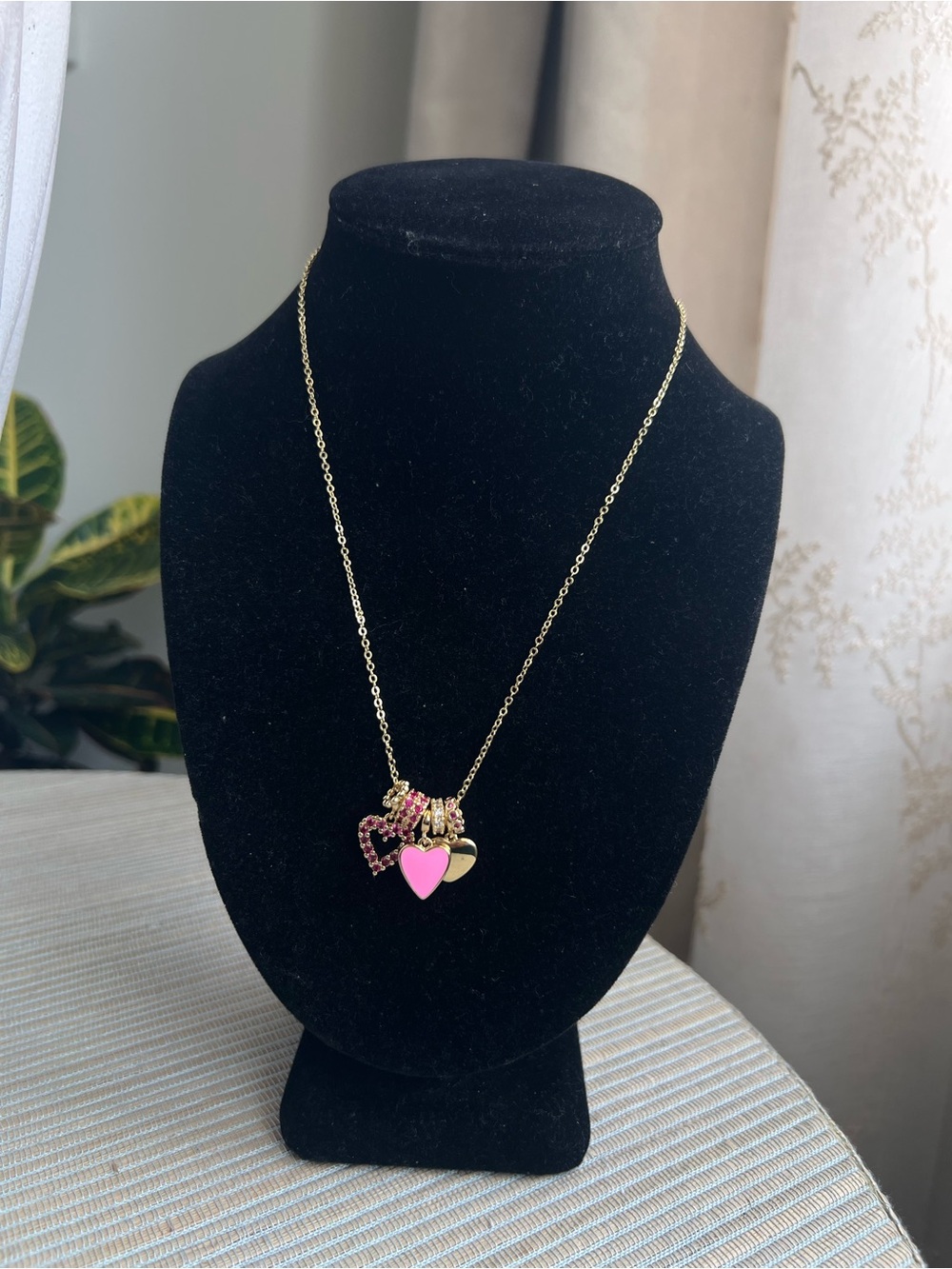 Gold, Pink pavé and plain pink multi  Heart Charm gold necklace